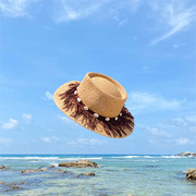 小众设计帽子波西米亚流苏草帽女夏季沙滩海边遮阳帽流苏贝壳礼帽