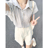 法式复古高级感竖条纹短袖，衬衫女日系甜美学院，风小众宽松气质衬衣