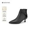 natursun短靴2023真皮，冬季女鞋经典法式时尚尖头，细高跟时装靴