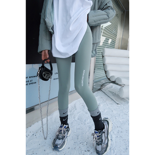 地球店灰绿色加厚保暖运动瑜伽裤女秋冬外穿高腰，打底裤可外穿