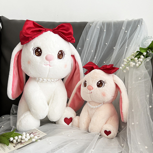 少女心仿兔毛长耳朵小兔子，公仔娃娃大红色蝴蝶结，公主兔子毛绒玩具