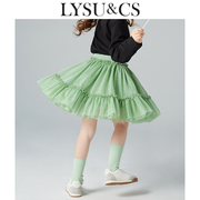 lysucs2024春夏装女童绿色半身裙，tutu裙公主，蓬蓬裙闪光网纱短裙子