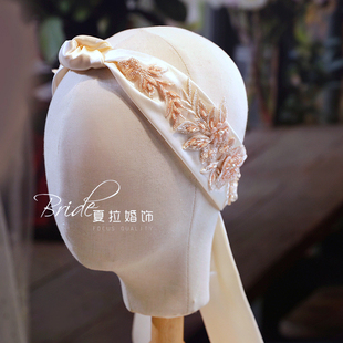 夏拉简约气质法式复古缎面发带手工串珠花朵蕾丝新娘婚纱礼服头饰