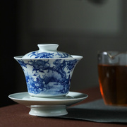仿古青花婴戏图盖碗，景德镇纯手工陶瓷茶具，复古手绘高档泡茶器