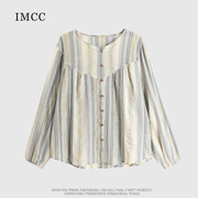 imcc设计感小众法式复古条纹，棉麻长袖衬衫，女宽松显瘦长袖上衣衬衣