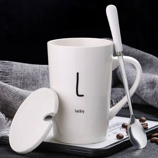 创意个性陶瓷马克杯，带盖勺咖啡杯家用情侣，喝水杯子男生办公室茶杯