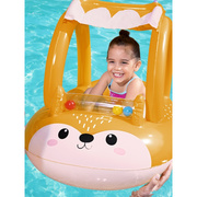 儿童水上漂浮座式游泳圈充气带把手小船卡通坐圈遮阳篷防晒游泳圈