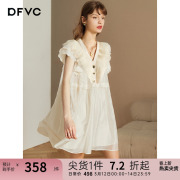 dfvc夏季白色天丝连衣裙，2024女荷叶边拼接抽褶宽松a字娃娃裙