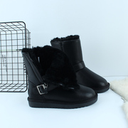 冬季金属黑朋克风皮毛，一体雪地靴女中筒拉链防滑防水真皮加厚棉鞋