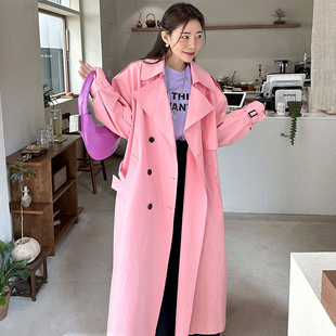 韩国chic秋季法式甜美翻领，双排扣系带收腰显瘦长袖中长款风衣外套