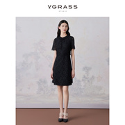 VGRASS新中式连衣裙女24年夏古典蕾丝短袖连衣裙女_水墨黑色
