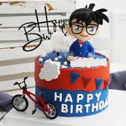 创意生日蛋糕装饰儿童动漫摇头名侦探柯南公仔自行车模型烘焙摆件