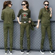 迷彩服套装女装春秋韩版显瘦军绿运动服三件套修身弹力两件套装女