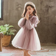 女童春季连衣裙2024韩版蕾丝连体裙小女孩长袖纯色网纱公主裙