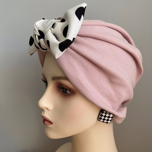 美价倾皇粉色纯棉波点蝴蝶结帽子月子帽光，头帽空调帽可爱