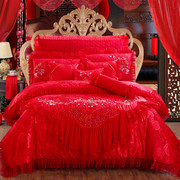 高档结婚庆大红色纯棉全棉，蕾丝床裙床盖罩床单1.5m1.8m2米四件套