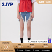 SJYP韩国潮牌高腰美式破洞牛仔短裤蓝色显瘦毛边短裤女夏天