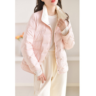 粉色轻薄短款羽绒服女冬季2023双面可穿白鹅绒(白鹅绒，)外套保暖设计感