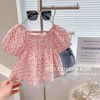 女宝宝甜美短袖2024夏季女童，韩版法式方领洋气小红花裙式上衣