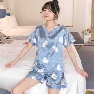 睡衣女夏季冰丝短袖韩版性感薄款仿真丝绸夏天睡衣大码家居服套装