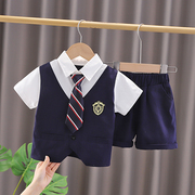 童装学院风假马甲两件套装夏季儿童，时髦短袖衬衫，男童西裤短裤套装