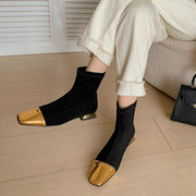 韩版低跟绒面方头短靴女拼色粗跟弹力瘦瘦靴套筒踝靴秋冬单靴