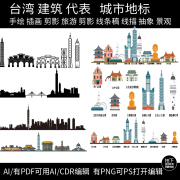 台湾旅游手绘建筑景点插画城市地标剪影设计天际线条稿线描素材