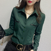 衬衫女长袖2024春季修身显瘦韩版长袖上衣绿色加绒职业衬衣女
