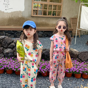 童套装2024夏季韩版女童背心，九分裤两件套儿童，宽松花朵姐妹装