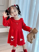 日系fam熊羊毛衫连衣裙毛衣裙(毛衣裙，)女童新年红圣诞裙子新年小熊毛线裙