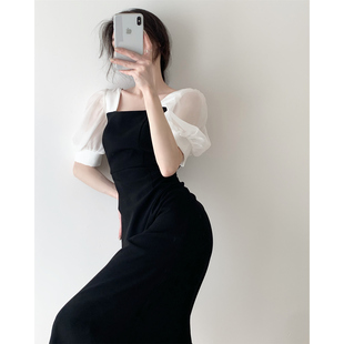 黑色方领连衣裙女夏装，泡泡袖网纱，拼接气质法式复古中长裙
