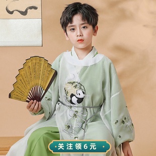 男童汉服夏季款中国风古装儿童唐装男孩国学服装演出绿色熊猫刺绣