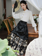新中式国风汉服繁花织金缎面提花，一片式系带，黑色马面裙禅舞服套装