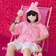 粉红兔子myfriend原创短袖连帽卫衣，可爱女生卡通，夏季粉色半袖t恤