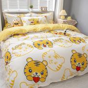 卡通风床品床上四件套夏季黄色可爱小老虎被罩床单被套宿舍单人三