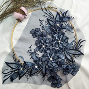 藏青黑色立体花朵钉珠蕾丝花边辅料服装衣服装饰配件刺绣布贴布料