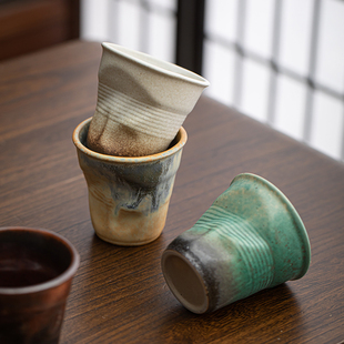 复古咖啡杯个性褶皱陶瓷纸杯创意小众手捏水杯手工窑变茶杯