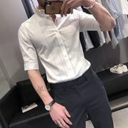 男士衬衫短袖易打理夏季商务高级感修身白色条纹中半袖七分袖衬衣