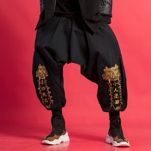 中国风个性刺绣低裆跨裤民族中式大码灯笼裤国潮嘻哈，宽松街舞裤子