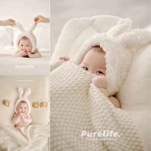 儿童摄影服装小兔叽主题，可爱白色兔子帽宝宝满月百天周岁照拍照服