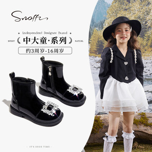 斯纳菲秋冬季女童靴子光面黑色水晶宝宝单靴儿童短靴加绒棉靴