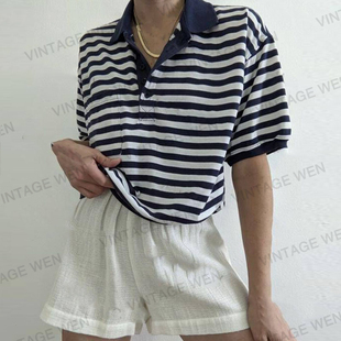 vintagewen美式复古蓝白条纹polo领欧美宽松短袖t恤女夏季上衣