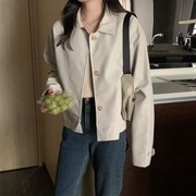 哑光pu皮衣外套，女2024春季韩版甜美气质，翻领单排扣短款皮夹克