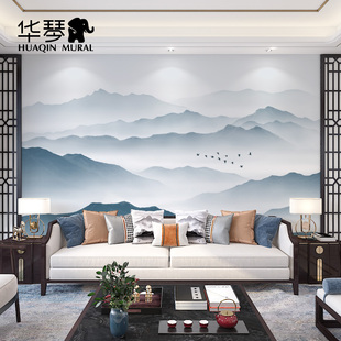 新中式影视墙壁纸意境山水墙布，墙纸壁画客厅，卧室电视背景墙壁布