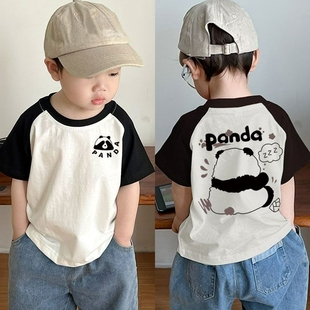 100%纯棉熊猫衣服儿童夏装插肩袖t恤男童长袖上衣女童宝宝打底衫