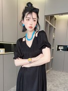 RR fashion 连衣裙女2024夏季法式褶皱V领纯色荷叶边短袖长裙