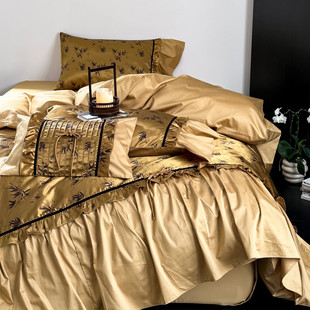 鎏金竹韵︱100支全棉长绒棉，中式复古四件套优雅纯棉花边被套床单