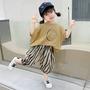 韩版女童夏装套装洋气短袖t桖七分裤休闲儿童装5宝宝时髦衣，