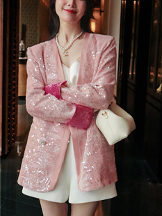 新贵系列新中式国风外套，重工刺绣亮片设计东方美撞色，丝绒西装粉色