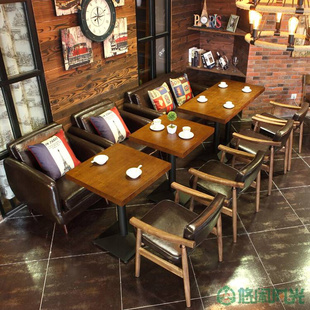 复古做旧美式咖啡厅桌椅组合实木，西餐厅桌椅咖啡馆餐椅沙发餐桌椅